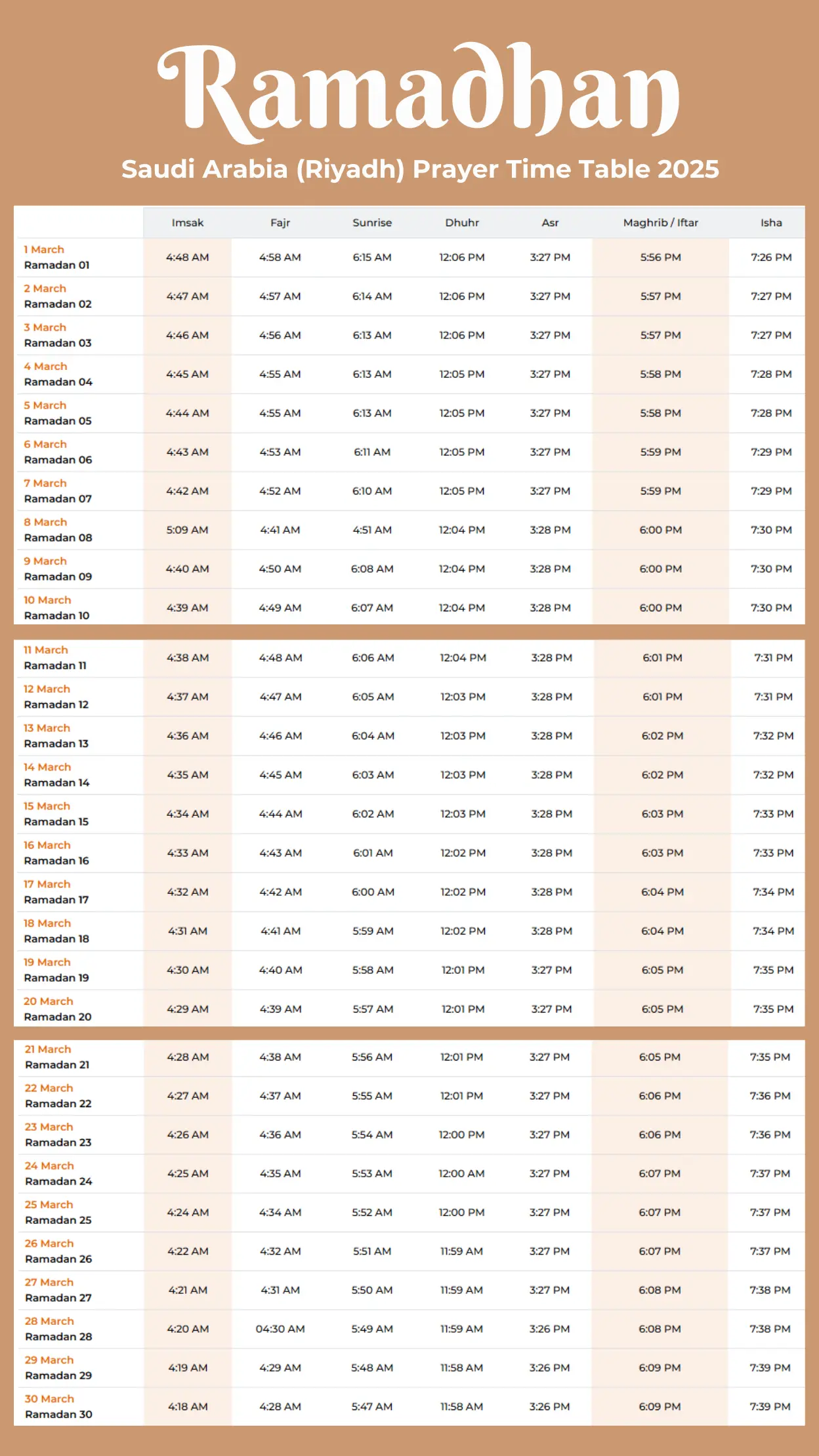 Saudi Ramadan Prayer Timings